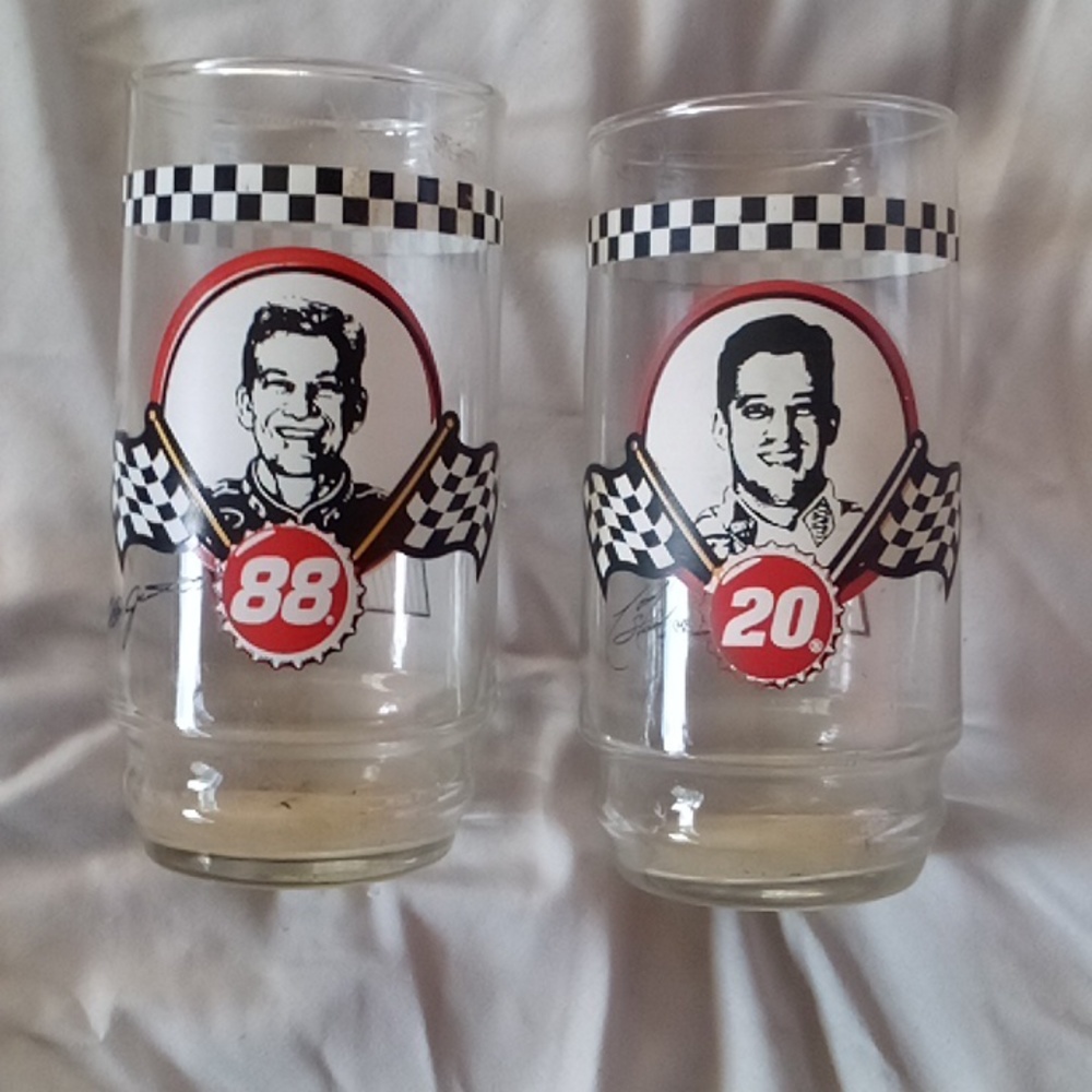 NASCAR dinner glasses number 88 and number 20 Coca-Cola